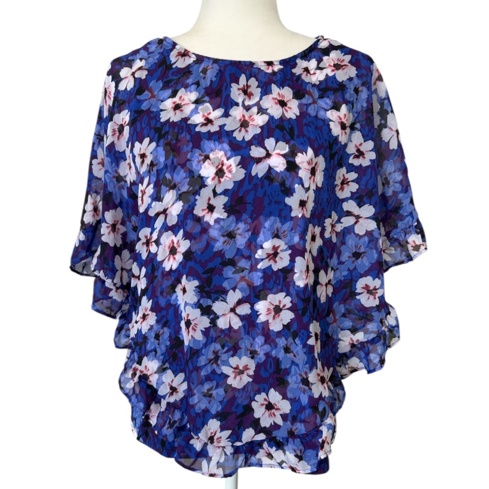 STUDIO WORKS Womens Pullover Woven Floral Blouse Layered w/ Tank Top Blue Medium
